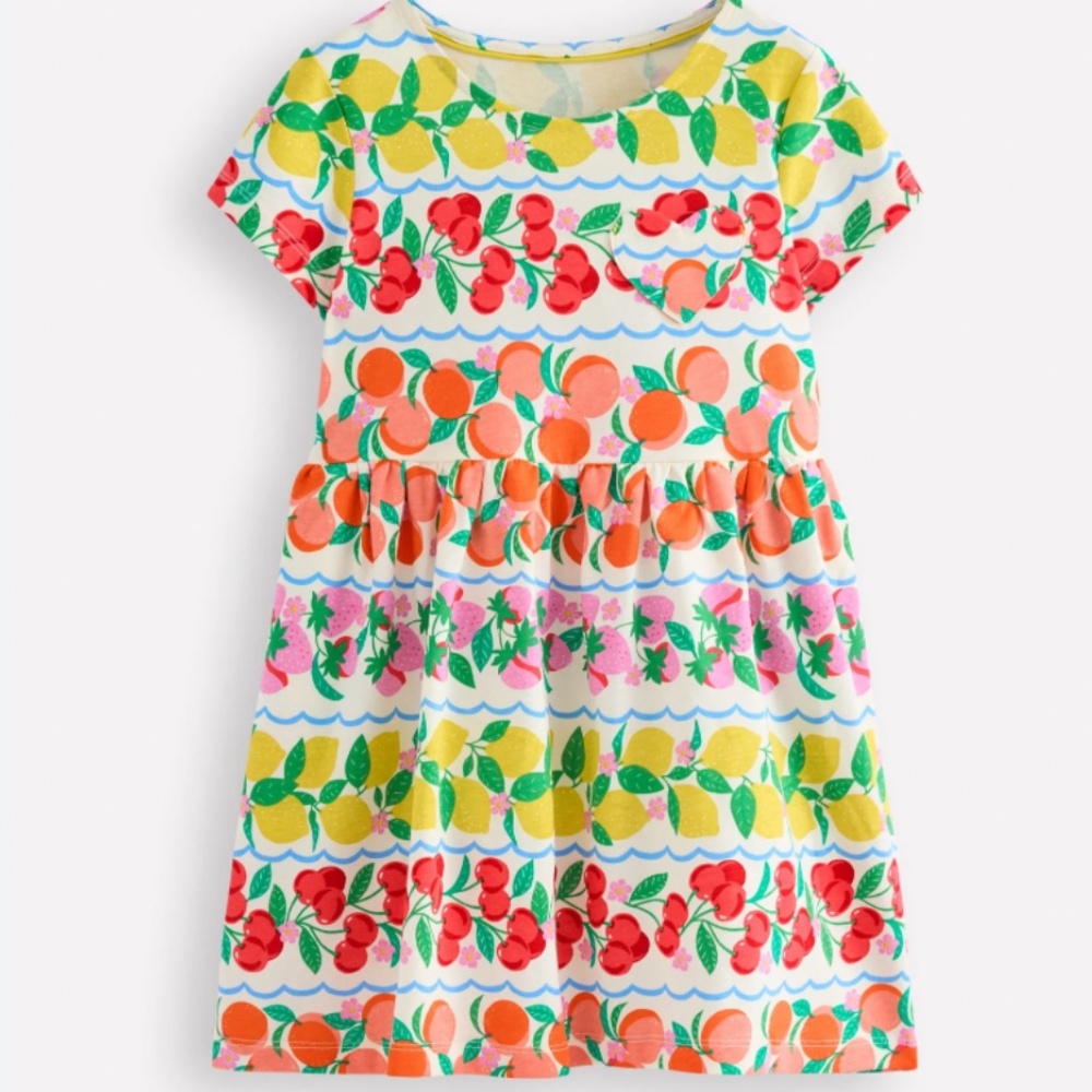 Mini Boden - Rainbow Fruit Stripe Heart Pocket Fun Jersey Dress, Size 7-8